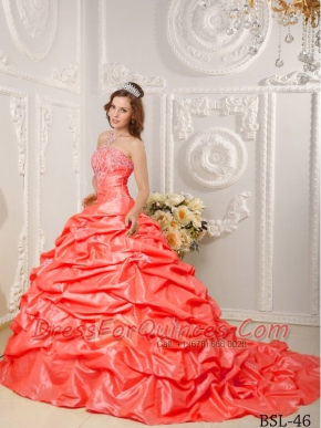Ball Gown Taffeta Spring Quinceanera Dresses Beading and Appliques Orange Red 2014