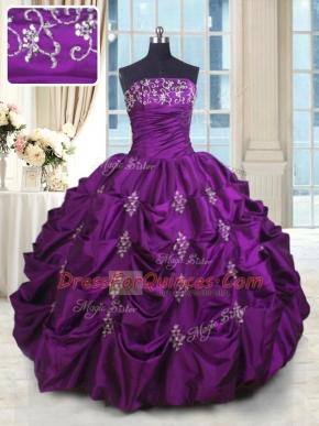 Super Eggplant Purple Ball Gowns Beading and Appliques and Embroidery and Pick Ups Quinceanera Gowns Lace Up Taffeta Sleeveless Floor Length