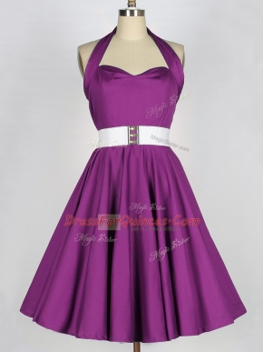 Latest Halter Top Sleeveless Quinceanera Court of Honor Dress Knee Length Belt Purple Taffeta