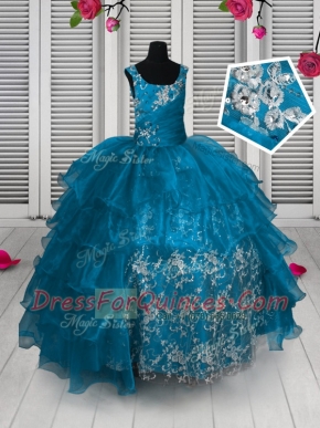 Exceptional Sleeveless Organza Floor Length Lace Up Little Girls Pageant Dress Wholesale in Aqua Blue with Appliques and Ruffled Layers