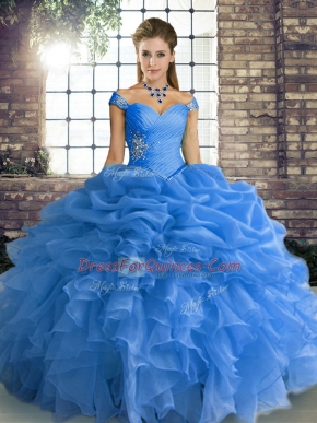 Dynamic Blue Organza Lace Up Off The Shoulder Sleeveless Floor Length Sweet 16 Quinceanera Dress Beading and Ruffles and Pick Ups