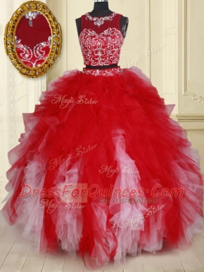 Two Pieces See Through Scoop Sleeveless Zipper 15th Birthday Dress White and Red Tulle