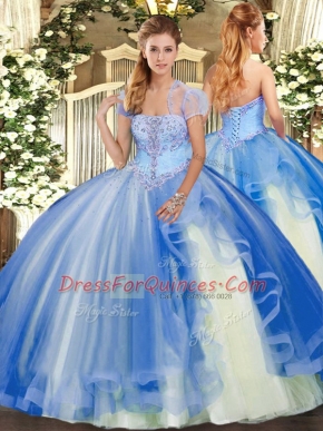 Blue Lace Up Quinceanera Gowns Appliques and Ruffles Sleeveless Floor Length