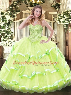 Yellow Green Sleeveless Floor Length Appliques and Ruffled Layers Lace Up Quinceanera Dresses