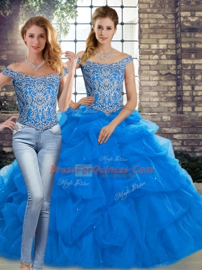 Most Popular Blue Sleeveless Brush Train Beading and Pick Ups Quinceanera Gown