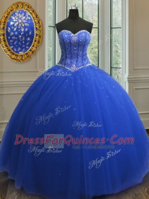 Sequins Royal Blue Sleeveless Tulle Lace Up Quinceanera Dresses for Military Ball and Sweet 16