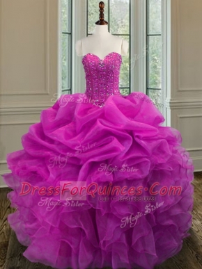 Fuchsia Organza Lace Up Sweetheart Sleeveless Floor Length Quinceanera Gown Beading and Ruffles