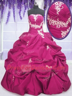 Fuchsia Lace Up Quinceanera Gown Appliques and Ruching and Pick Ups Sleeveless Floor Length