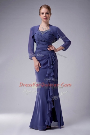 Floor Length Blue Prom Dress Chiffon Sleeveless Beading