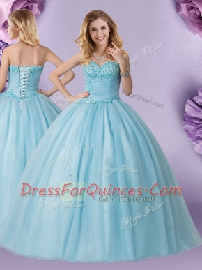 Sexy Light Blue Ball Gowns Sweetheart Sleeveless Tulle Floor Length Lace Up Beading Sweet 16 Dress
