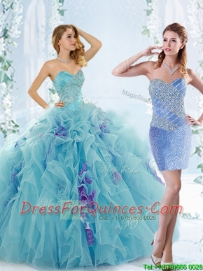 2016 Classical Aque Blue Detachable Quinceanera Gowns with Beading and Ruffles