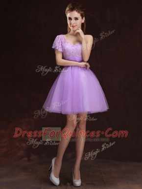 One Shoulder Sleeveless Tulle Mini Length Lace Up Court Dresses for Sweet 16 in Lilac with Lace and Ruching