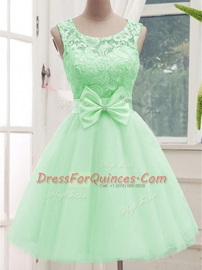 Pretty Apple Green A-line Lace and Bowknot Damas Dress Lace Up Tulle Sleeveless Knee Length