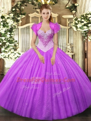 Lilac Sleeveless Tulle Lace Up 15 Quinceanera Dress for Military Ball and Sweet 16 and Quinceanera