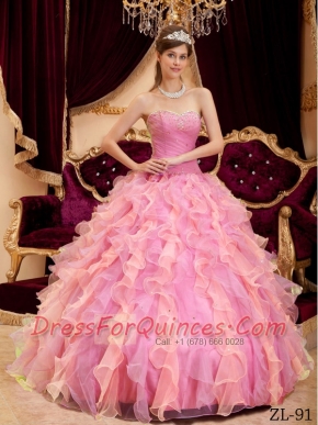 Sweetheart Beading and Ruffles Organza Rose Pink Lace-up Spring Quinceanera Dresses 2014