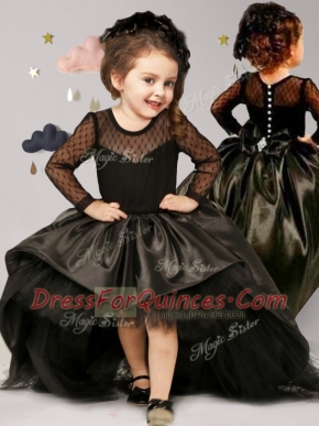 Wonderful Black Scoop Clasp Handle Bowknot Flower Girl Dresses Brush Train Long Sleeves