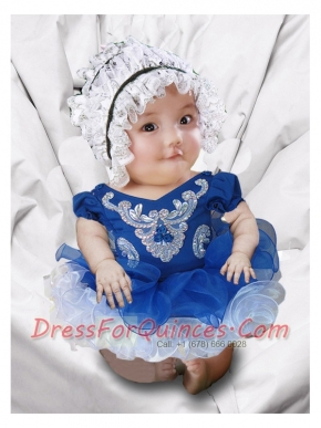 Appliques and Ruffles V-neck Blue and White Cute Little Girl Dresses