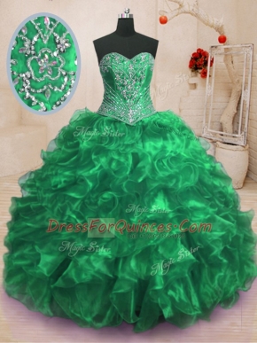 Affordable Sweep Train Ball Gowns Quince Ball Gowns Green Sweetheart Organza Sleeveless With Train Lace Up