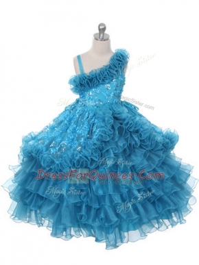 Smart Teal Organza Lace Up Asymmetric Sleeveless Floor Length Flower Girl Dresses Lace and Ruffles and Ruffled Layers