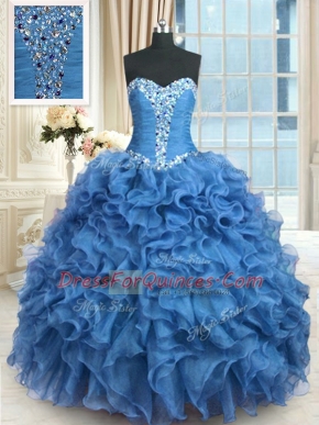 Sleeveless Floor Length Beading and Ruffles Lace Up Quince Ball Gowns with Baby Blue