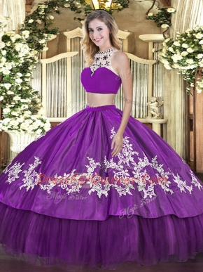 High End Floor Length Two Pieces Sleeveless Purple Vestidos de Quinceanera Backless