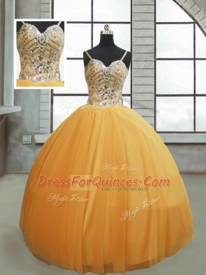 Gold Spaghetti Straps Lace Up Beading Vestidos de Quinceanera Sleeveless