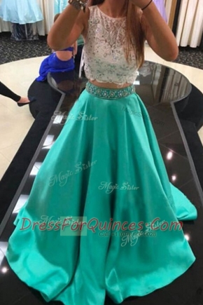 Wonderful A-line Prom Gown Turquoise Scoop Satin Sleeveless With Train Zipper