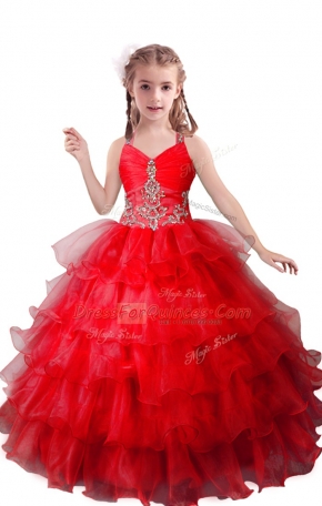 Custom Fit Floor Length Ball Gowns Sleeveless Red Little Girl Pageant Gowns Zipper