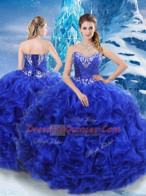 Royal Blue Lace Up Quince Ball Gowns Beading Sleeveless Floor Length