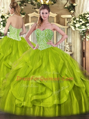 Hot Sale Yellow Green Organza Lace Up Vestidos de Quinceanera Sleeveless Floor Length Ruffles