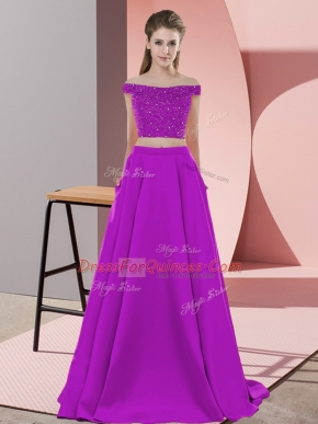New Arrival Purple Two Pieces Beading Prom Dress Backless Elastic Woven Satin Sleeveless