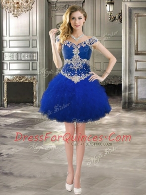 Dramatic Royal Blue Ball Gowns Off The Shoulder Cap Sleeves Tulle Mini Length Lace Up Beading and Ruffles Dress for Prom
