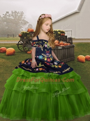 Green Lace Up Little Girl Pageant Gowns Embroidery Sleeveless Floor Length