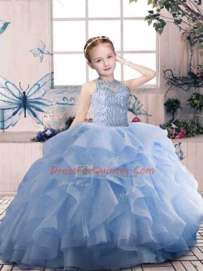 Organza Scoop Sleeveless Zipper Beading and Ruffles Evening Gowns in Lavender