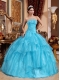 2013 Aqua Blue Strapless Organza Ball Gown With Beading Quinceanera Dress
