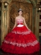 2013 Red and White Zebra Print Strapless Organza Ruffles Quinceanera Dress