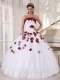 2013 White Red Ball Gown Strapless Tulle Beading and Hand Made Flowers Quinceanera Dress