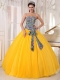 2013 Yellow and Printing Ball Gown Strapless Sequins Quinceanera Dress