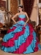 Aqua Blue and Red Ball Gown Strapless Floor-length Taffeta Embroidery Quinceanera Dress