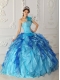 Aqua Blue Ball Gown One-shoulder Floor-length Satin and Organza Beading Quinceanera Dress