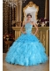 Aqua Blue Ball Gown One Shoulder Floor-length Satin and Organza Beading Quinceanera Dress
