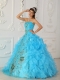 Aqua Blue Ball Gown Strapless Floor-length Embroidery Sweet 16 Dress