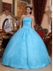 Aqua Blue Ball Gown Strapless Floor-length Organza Appliques Quinceanera Dress