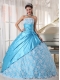 Aqua Blue Ball Gown Strapless Floor-length Taffeta Lace Quinceanera Dress