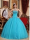 Aqua Blue Ball Gown Strapless Floor-length Tulle Embroidery with Beading Quinceanera Dress