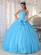 Aqua Blue Ball Gown Sweetheart Floor-length Tulle Beading and Bowknot Quinceanera Dress