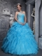Aqua Blue Ball Gown Sweetheart Neck Floor-length Taffeta and Organza Beading and Appliques Quinceanera Dress
