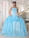 Baby Blue Ball Gown Strapless Floor-length Organza Beading Quinceanera Dress