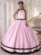 Baby Pink and Black Ball Gown Bateau Floor-length Taffeta Quinceanera Dress