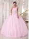 Baby Pink Ball Gown One Shoulder Floor-length Tulle Beading Sweet 16 Dress